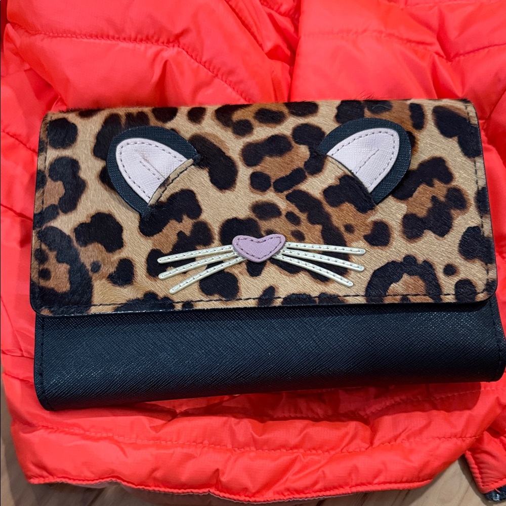 kate spade Black Leather Clutch with Leopard Accent